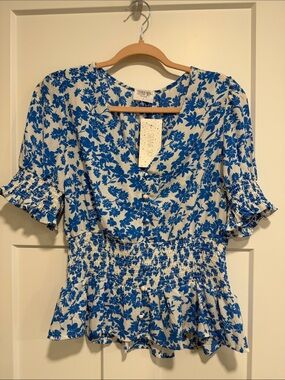Sienna Sky White Top with Royal Blue Floral Print